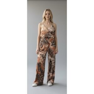 Young Fabulous & Broke Naomi Velvet Jumpsuit M Tie Dye Peach Brown Wide Leg